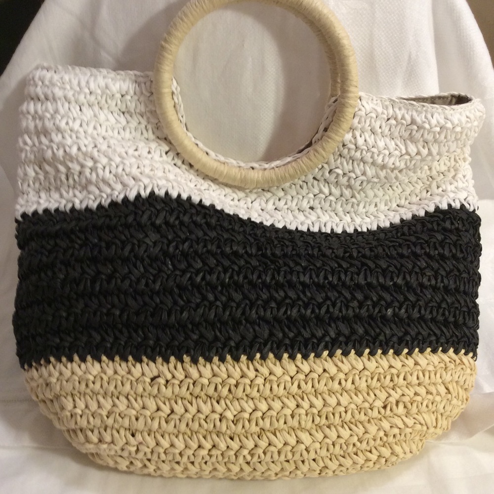 TALBOTS Black/Tan/White straw bag NWOT